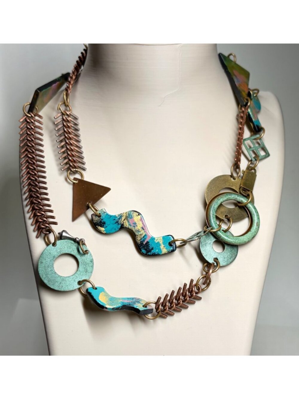 Statement Necklace Mixed Metal Copper Brass Multicolor Modernist Aprox 31 Inch - Picture 8 of 9